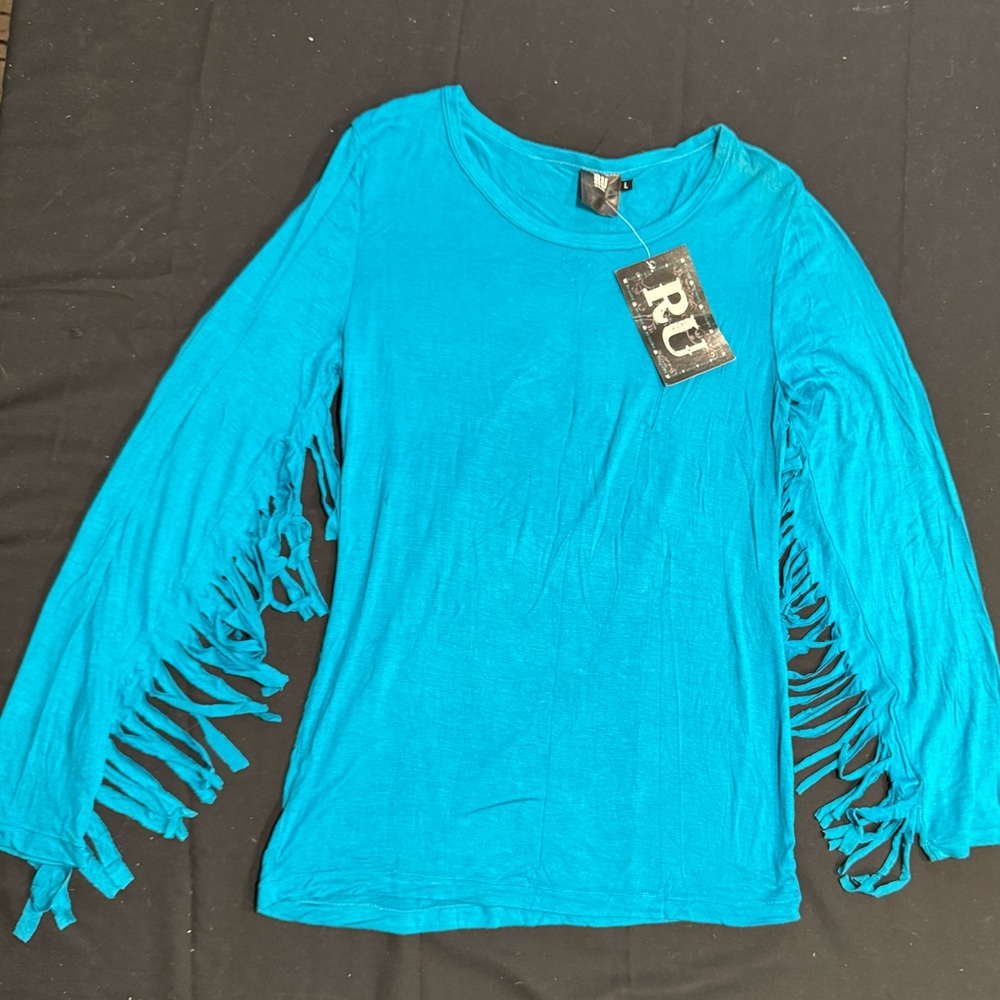 RU Apparel Boutique Turquoise Fringe Sleeve Blouse